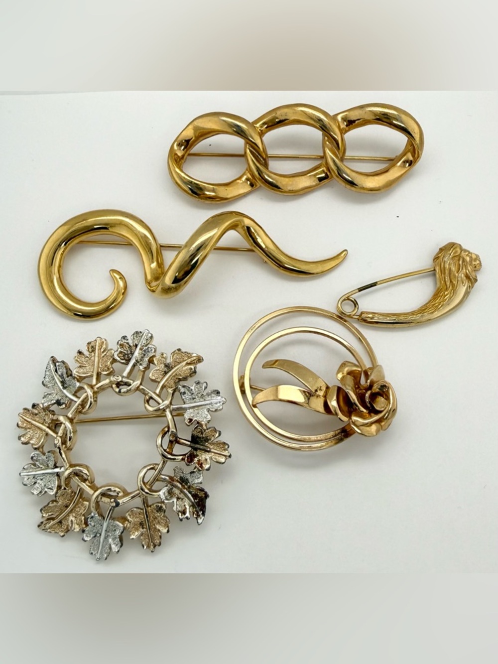 Vintage Estate Gold Filled & Plated large Brooch Pin lot Jewelry Lion Link Rose